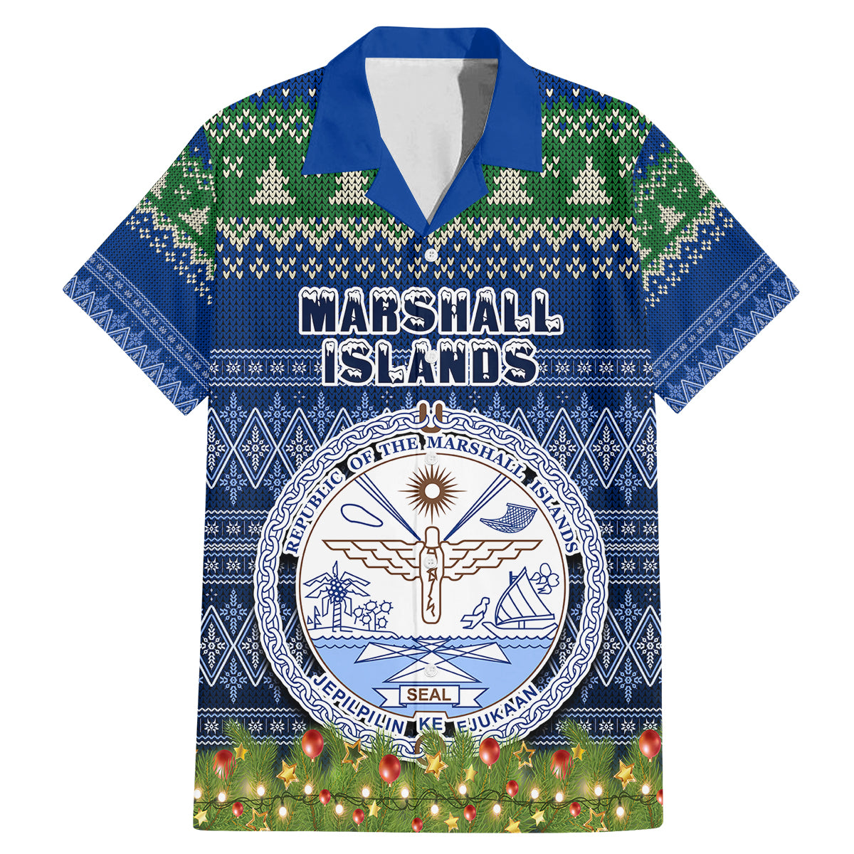 Personalised Marshall Islands Christmas Family Matching Mermaid Dress and Hawaiian Shirt Coat of Arms and Map Beautiful Merry Xmas Snowflake LT03 Dad's Shirt - Short Sleeve Blue - Polynesian Pride