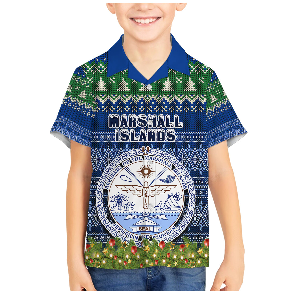 Personalised Marshall Islands Christmas Family Matching Mermaid Dress and Hawaiian Shirt Coat of Arms and Map Beautiful Merry Xmas Snowflake LT03 Son's Shirt Blue - Polynesian Pride