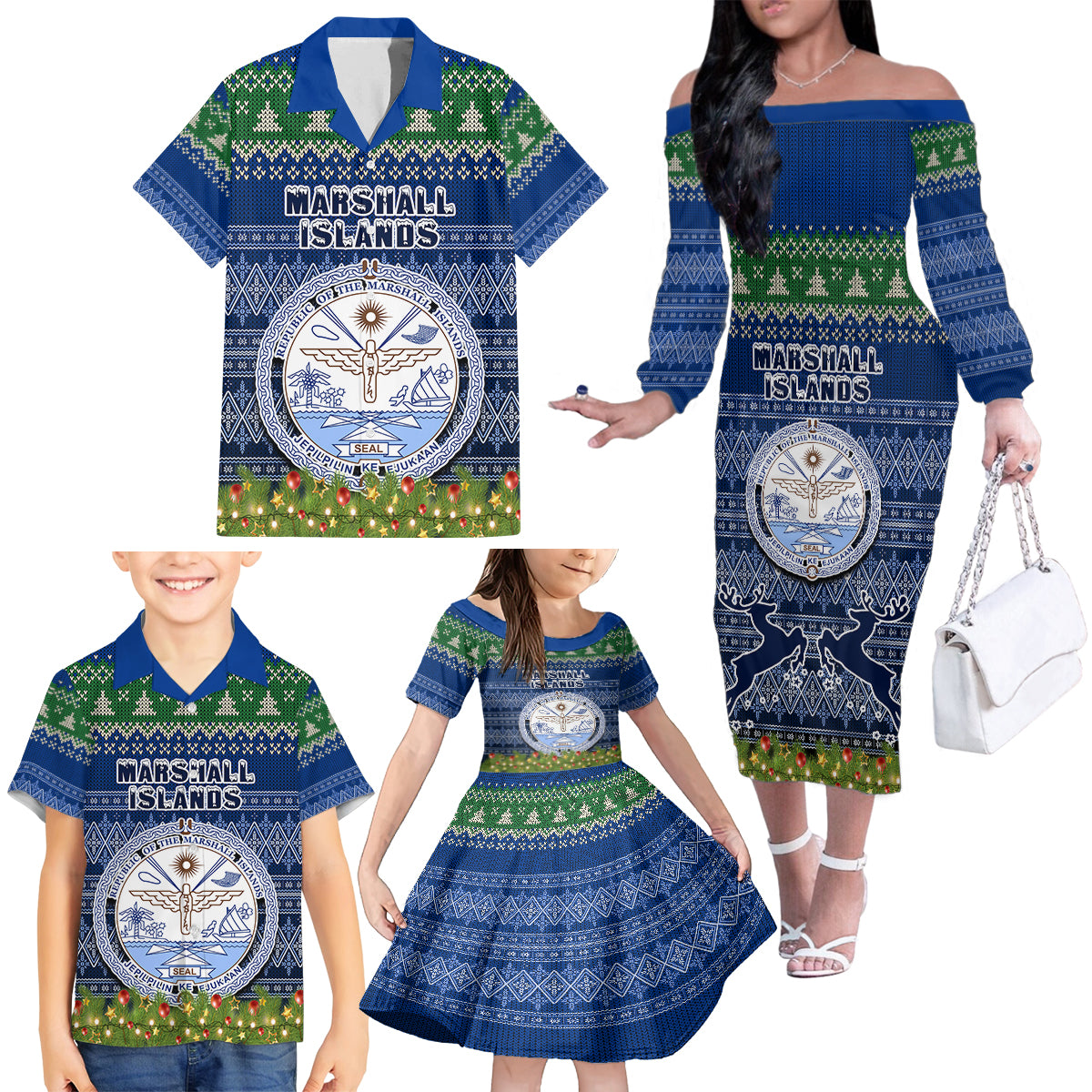 Personalised Marshall Islands Christmas Family Matching Off Shoulder Long Sleeve Dress and Hawaiian Shirt Coat of Arms and Map Beautiful Merry Xmas Snowflake LT03 - Polynesian Pride