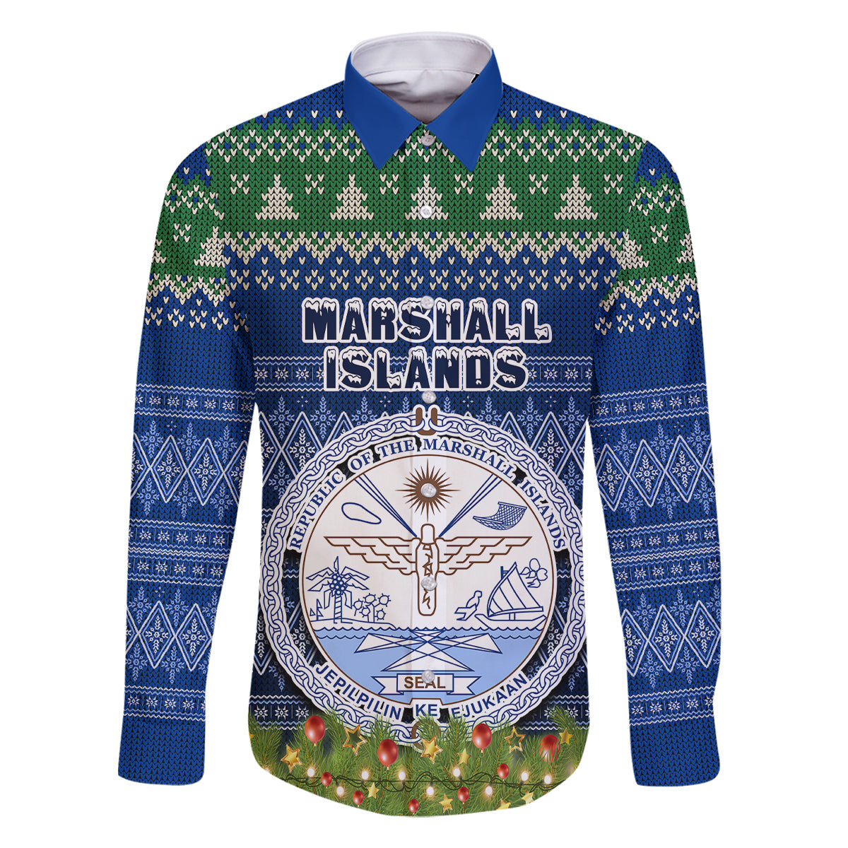 Personalised Marshall Islands Christmas Family Matching Off Shoulder Long Sleeve Dress and Hawaiian Shirt Coat of Arms and Map Beautiful Merry Xmas Snowflake LT03 Dad's Shirt - Long Sleeve Blue - Polynesian Pride