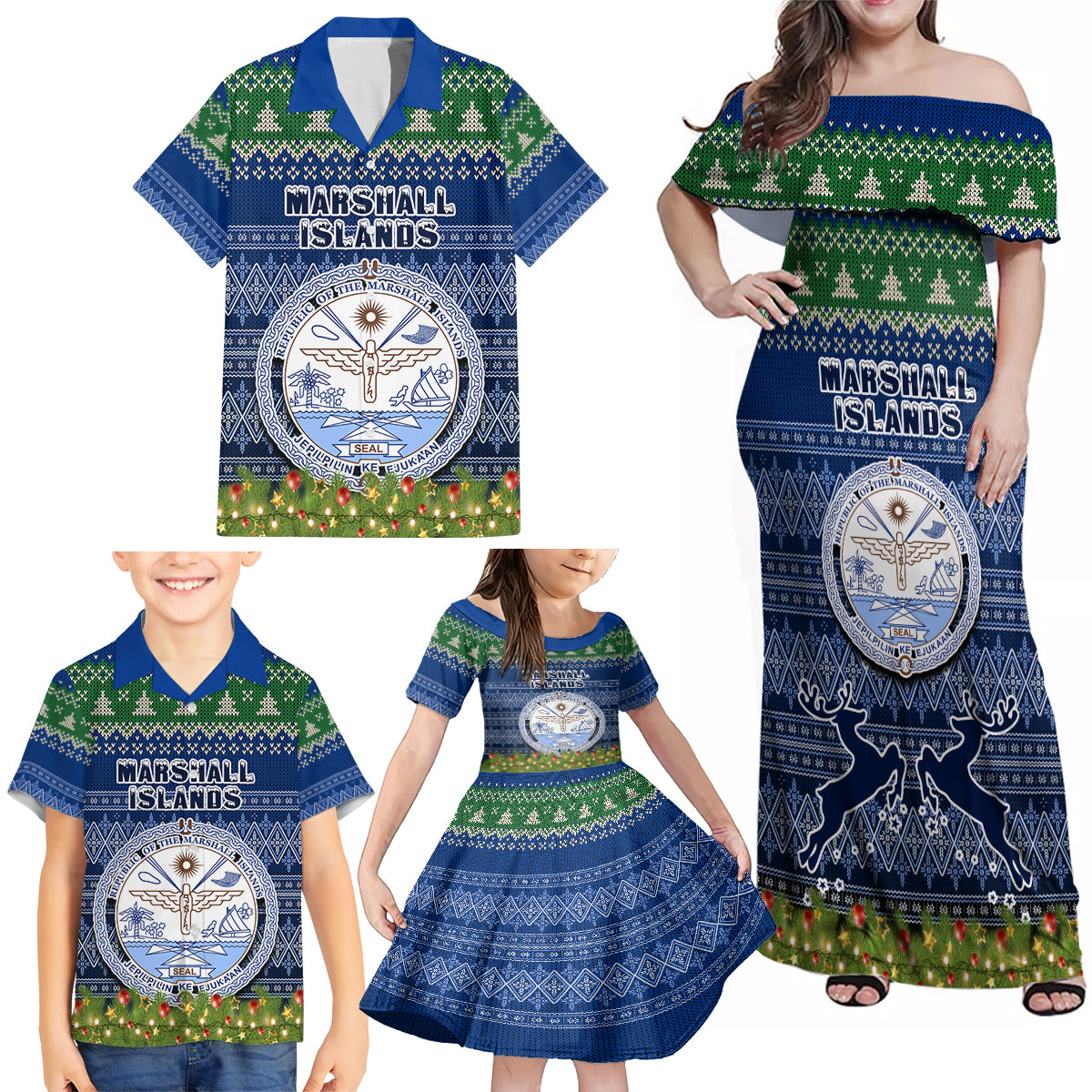 Personalised Marshall Islands Christmas Family Matching Off Shoulder Maxi Dress and Hawaiian Shirt Coat of Arms and Map Beautiful Merry Xmas Snowflake LT03 - Polynesian Pride