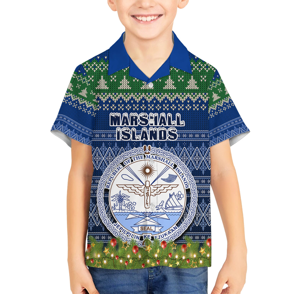 Personalised Marshall Islands Christmas Family Matching Off Shoulder Maxi Dress and Hawaiian Shirt Coat of Arms and Map Beautiful Merry Xmas Snowflake LT03 Son's Shirt Blue - Polynesian Pride