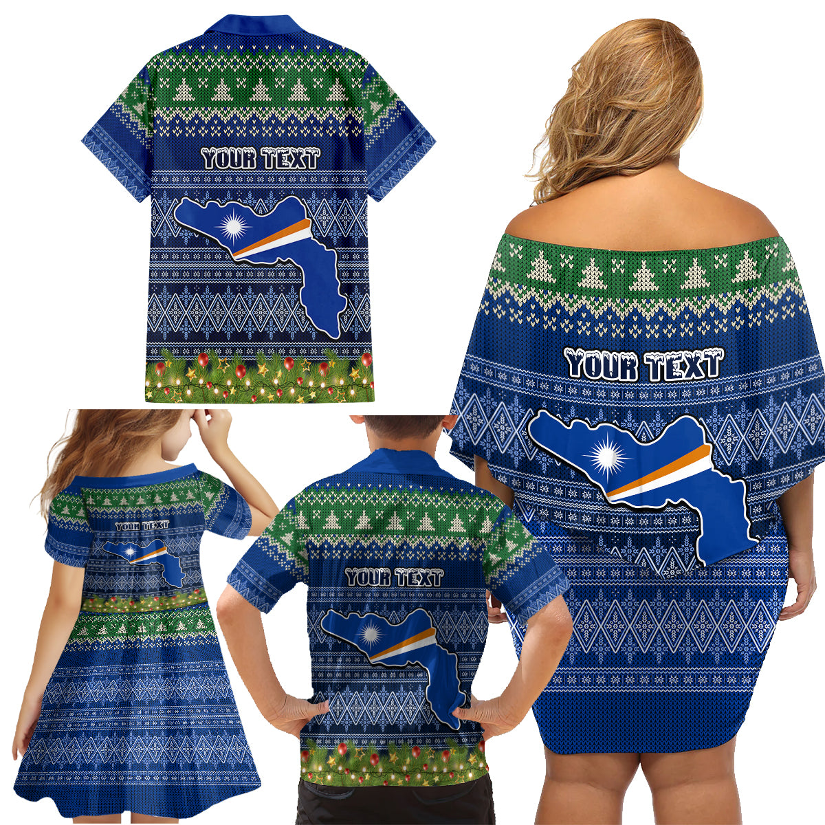 Personalised Marshall Islands Christmas Family Matching Off Shoulder Short Dress and Hawaiian Shirt Coat of Arms and Map Beautiful Merry Xmas Snowflake LT03 - Polynesian Pride