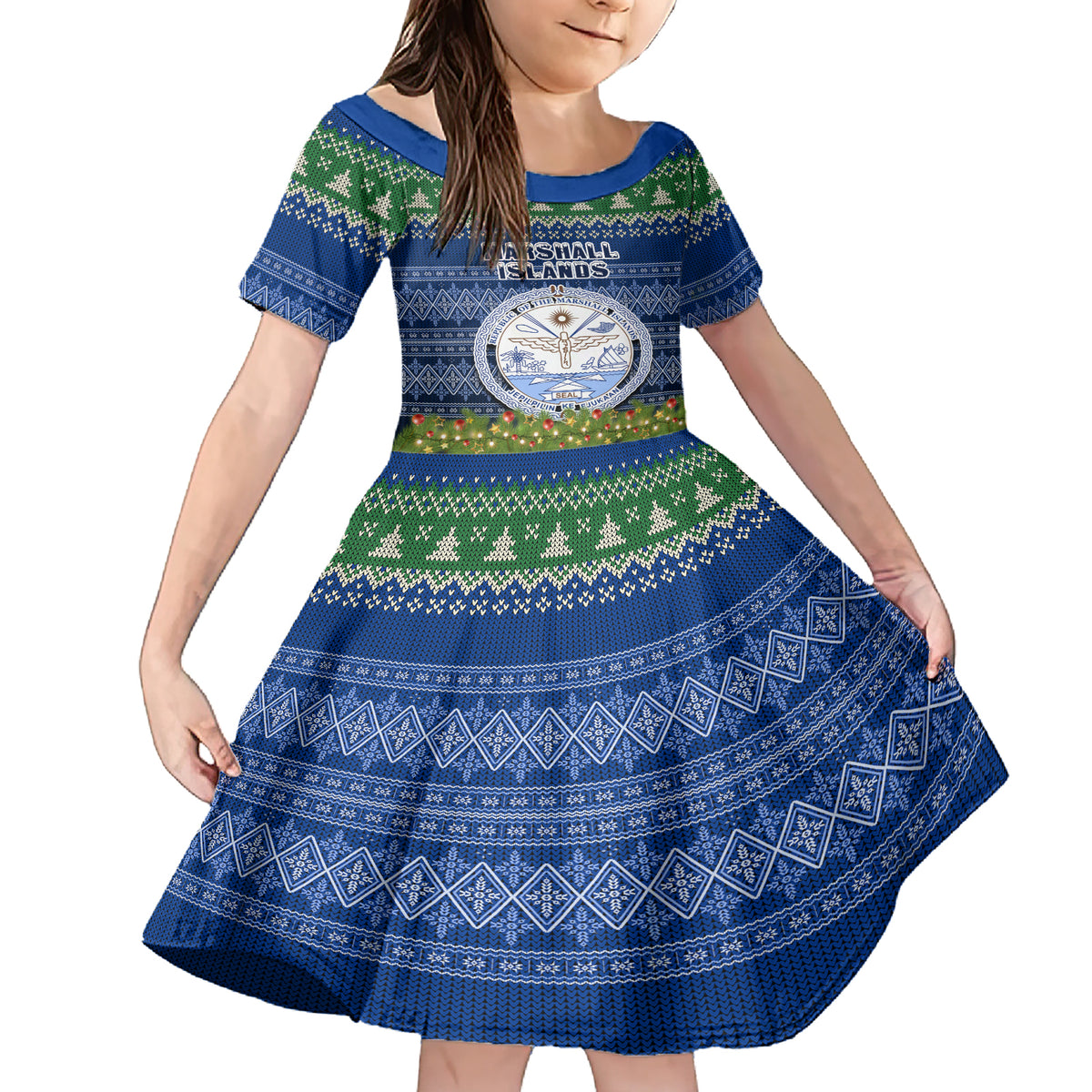 Personalised Marshall Islands Christmas Family Matching Short Sleeve Bodycon Dress and Hawaiian Shirt Coat of Arms and Map Beautiful Merry Xmas Snowflake LT03 Daughter's Dress Blue - Polynesian Pride