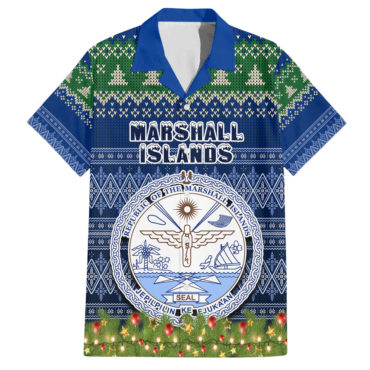 Personalised Marshall Islands Christmas Family Matching Short Sleeve Bodycon Dress and Hawaiian Shirt Coat of Arms and Map Beautiful Merry Xmas Snowflake LT03 Dad's Shirt - Short Sleeve Blue - Polynesian Pride