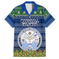 Personalised Marshall Islands Christmas Family Matching Short Sleeve Bodycon Dress and Hawaiian Shirt Coat of Arms and Map Beautiful Merry Xmas Snowflake LT03 Dad's Shirt - Short Sleeve Blue - Polynesian Pride