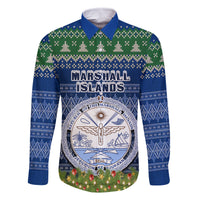 Personalised Marshall Islands Christmas Family Matching Summer Maxi Dress and Hawaiian Shirt Coat of Arms and Map Beautiful Merry Xmas Snowflake LT03 Dad's Shirt - Long Sleeve Blue - Polynesian Pride