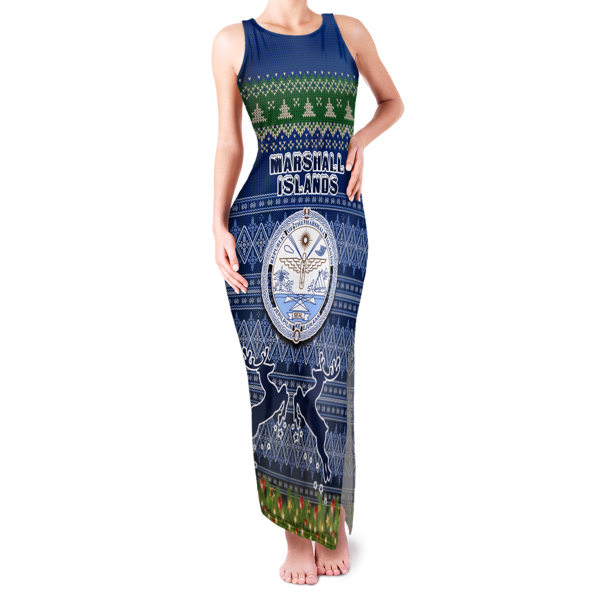 Personalised Marshall Islands Christmas Family Matching Tank Maxi Dress and Hawaiian Shirt Coat of Arms and Map Beautiful Merry Xmas Snowflake LT03 Mom's Dress Blue - Polynesian Pride