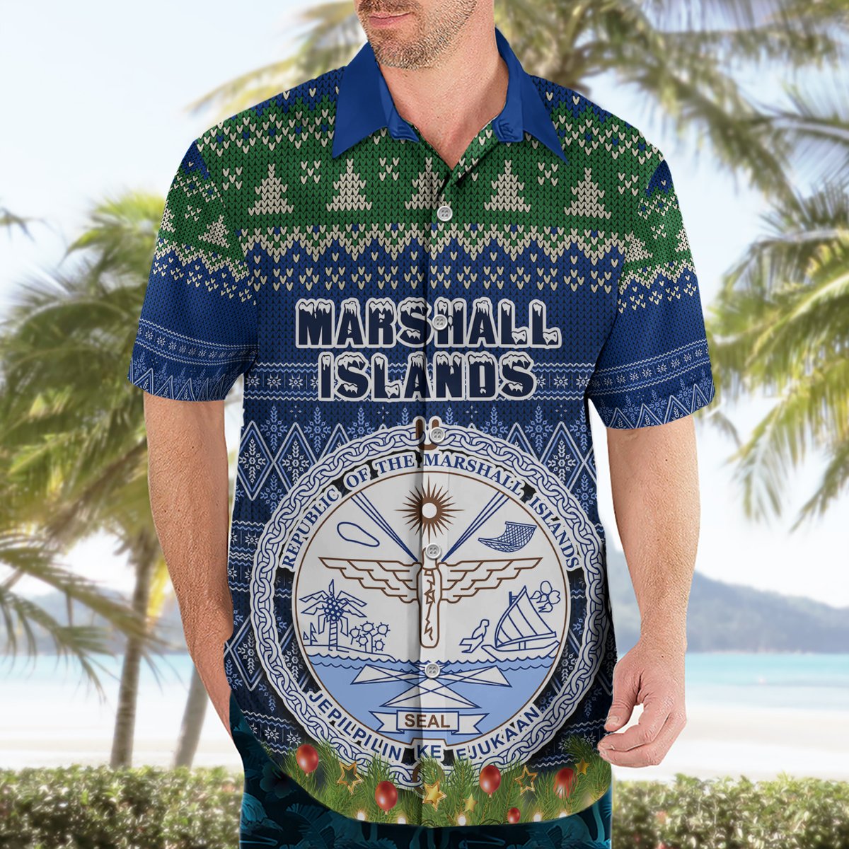 Personalised Marshall Islands Christmas Hawaiian Shirt Coat of Arms and Map Beautiful Merry Xmas Snowflake LT03 - Polynesian Pride