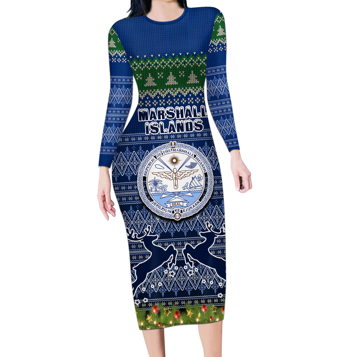 Personalised Marshall Islands Christmas Long Sleeve Bodycon Dress Coat of Arms and Map Beautiful Merry Xmas Snowflake LT03 Long Dress Blue - Polynesian Pride