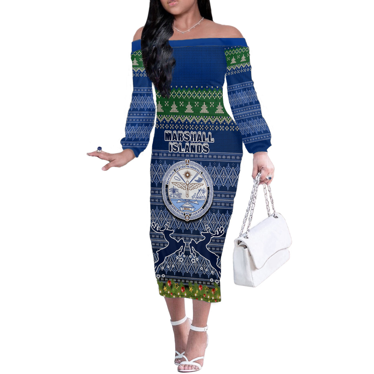 Personalised Marshall Islands Christmas Off The Shoulder Long Sleeve Dress Coat of Arms and Map Beautiful Merry Xmas Snowflake LT03 Women Blue - Polynesian Pride