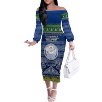 Personalised Marshall Islands Christmas Off The Shoulder Long Sleeve Dress Coat of Arms and Map Beautiful Merry Xmas Snowflake LT03 Women Blue - Polynesian Pride