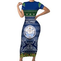 Personalised Marshall Islands Christmas Short Sleeve Bodycon Dress Coat of Arms and Map Beautiful Merry Xmas Snowflake LT03 Long Dress Blue - Polynesian Pride