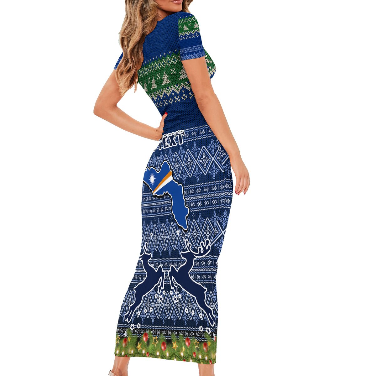 Personalised Marshall Islands Christmas Short Sleeve Bodycon Dress Coat of Arms and Map Beautiful Merry Xmas Snowflake LT03 - Polynesian Pride