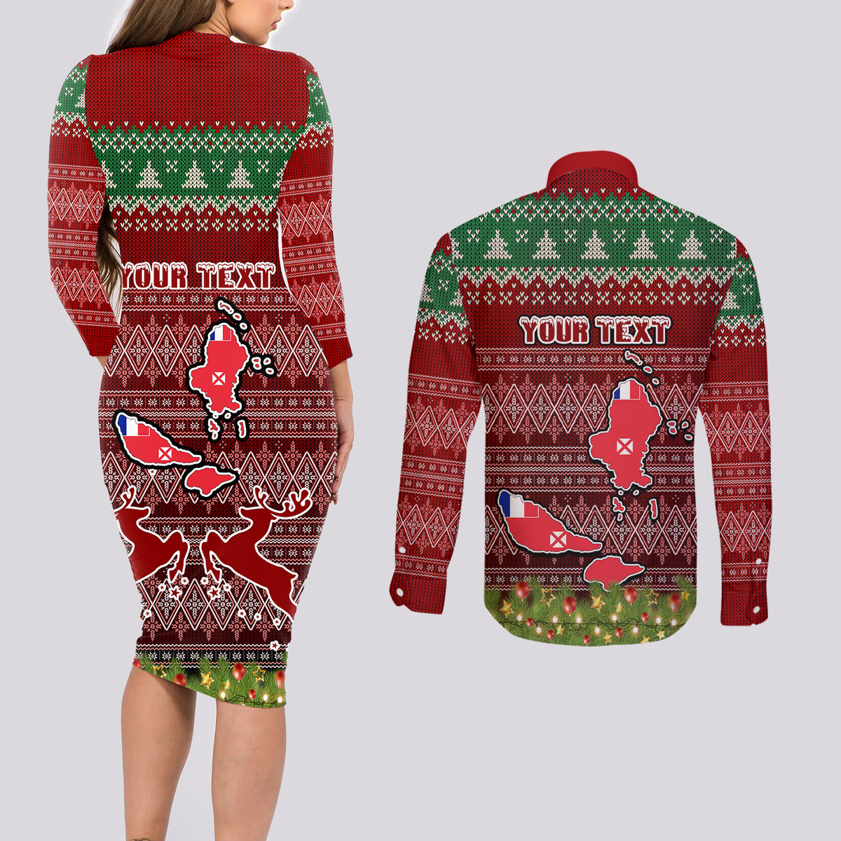 Personalised Wallis and Futuna Christmas Couples Matching Long Sleeve Bodycon Dress and Long Sleeve Button Shirts Coat of Arms and Map Beautiful Merry Xmas Snowflake LT03 - Polynesian Pride