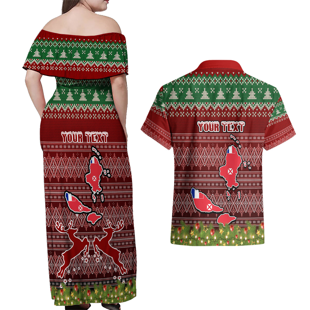 Personalised Wallis and Futuna Christmas Couples Matching Off Shoulder Maxi Dress and Hawaiian Shirt Coat of Arms and Map Beautiful Merry Xmas Snowflake LT03 - Polynesian Pride