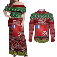 Personalised Wallis and Futuna Christmas Couples Matching Off Shoulder Maxi Dress and Long Sleeve Button Shirts Coat of Arms and Map Beautiful Merry Xmas Snowflake LT03 Red - Polynesian Pride