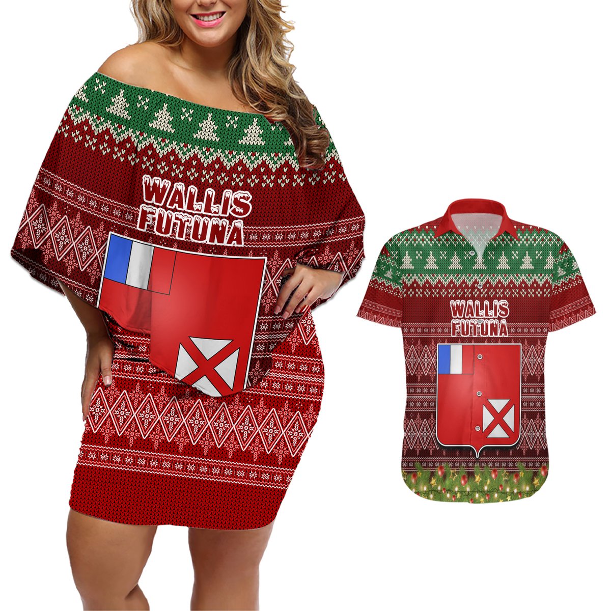 Personalised Wallis and Futuna Christmas Couples Matching Off Shoulder Short Dress and Hawaiian Shirt Coat of Arms and Map Beautiful Merry Xmas Snowflake LT03 Red - Polynesian Pride