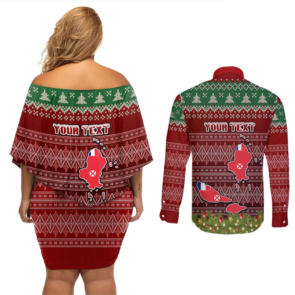 Personalised Wallis and Futuna Christmas Couples Matching Off Shoulder Short Dress and Long Sleeve Button Shirts Coat of Arms and Map Beautiful Merry Xmas Snowflake LT03 - Polynesian Pride