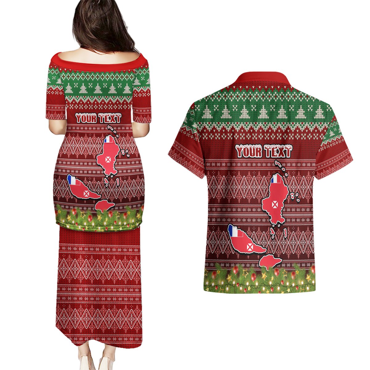 Personalised Wallis and Futuna Christmas Couples Matching Puletasi Dress and Hawaiian Shirt Coat of Arms and Map Beautiful Merry Xmas Snowflake LT03 - Polynesian Pride