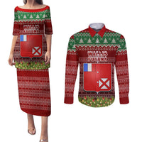 Personalised Wallis and Futuna Christmas Couples Matching Puletasi Dress and Long Sleeve Button Shirts Coat of Arms and Map Beautiful Merry Xmas Snowflake LT03 Red - Polynesian Pride