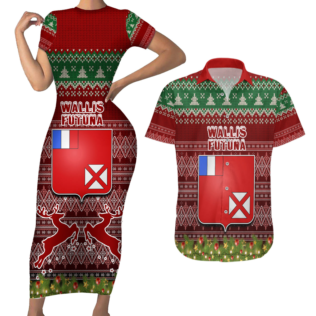 Personalised Wallis and Futuna Christmas Couples Matching Short Sleeve Bodycon Dress and Hawaiian Shirt Coat of Arms and Map Beautiful Merry Xmas Snowflake LT03 Red - Polynesian Pride