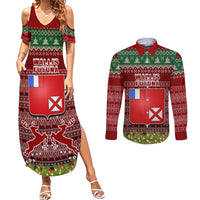 Personalised Wallis and Futuna Christmas Couples Matching Summer Maxi Dress and Long Sleeve Button Shirts Coat of Arms and Map Beautiful Merry Xmas Snowflake LT03 Red - Polynesian Pride