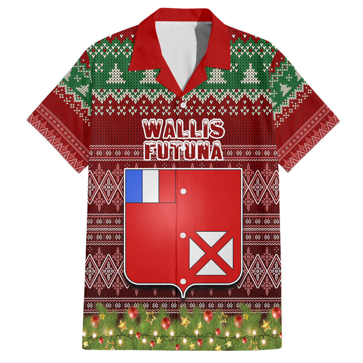 Personalised Wallis and Futuna Christmas Family Matching Long Sleeve Bodycon Dress and Hawaiian Shirt Coat of Arms and Map Beautiful Merry Xmas Snowflake LT03 Dad's Shirt - Short Sleeve Red - Polynesian Pride