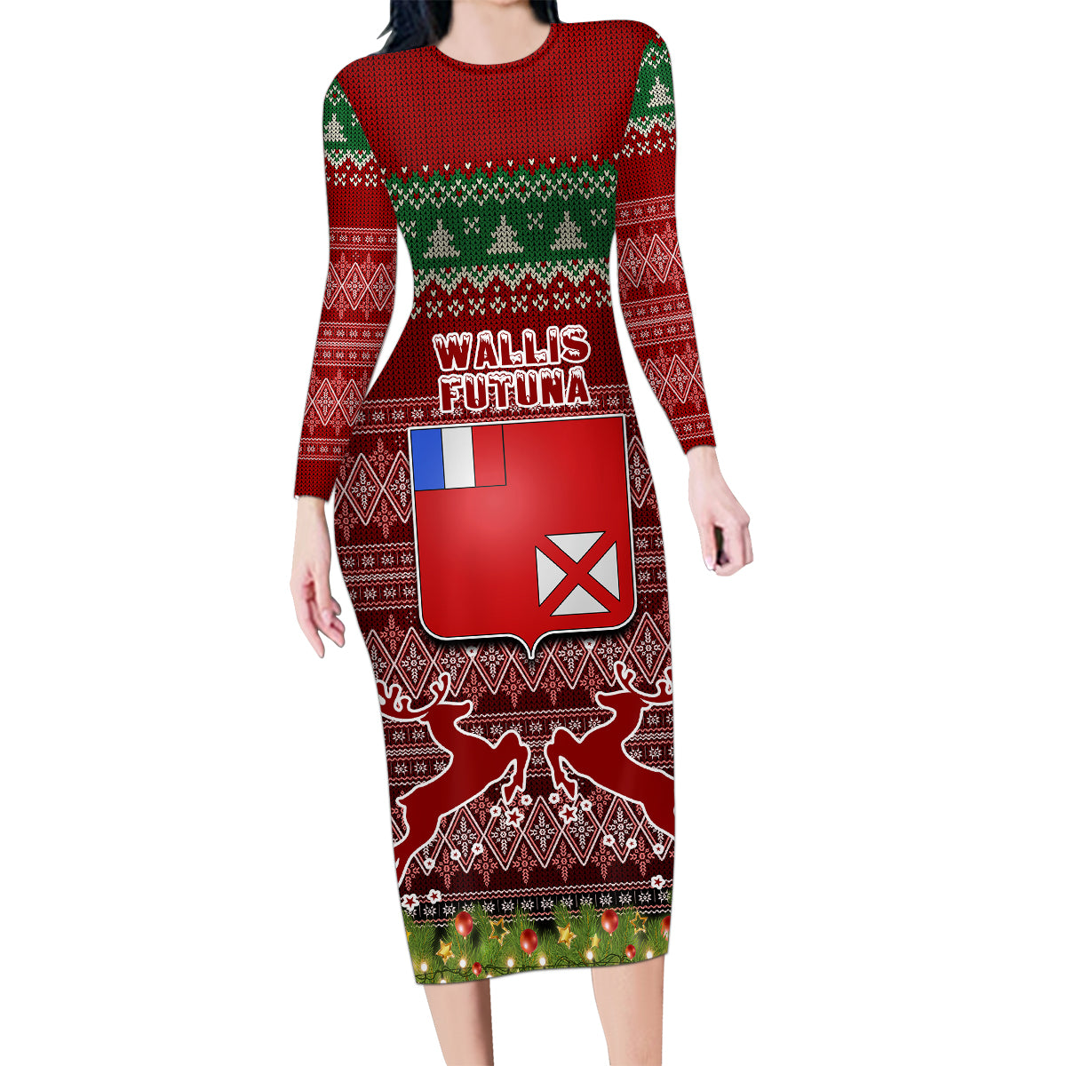 Personalised Wallis and Futuna Christmas Family Matching Long Sleeve Bodycon Dress and Hawaiian Shirt Coat of Arms and Map Beautiful Merry Xmas Snowflake LT03 Mom's Dress Red - Polynesian Pride