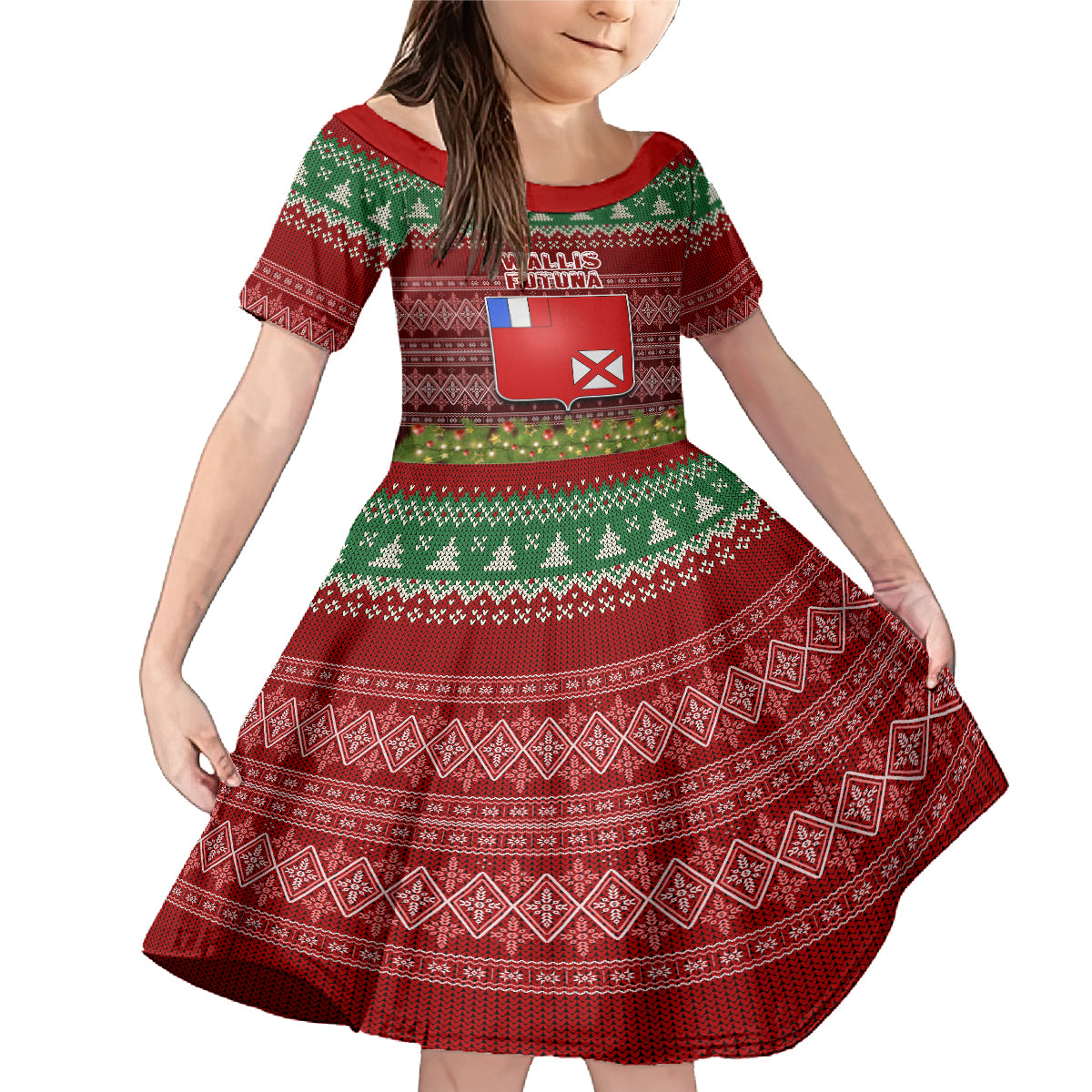 Personalised Wallis and Futuna Christmas Family Matching Mermaid Dress and Hawaiian Shirt Coat of Arms and Map Beautiful Merry Xmas Snowflake LT03 Daughter's Dress Red - Polynesian Pride