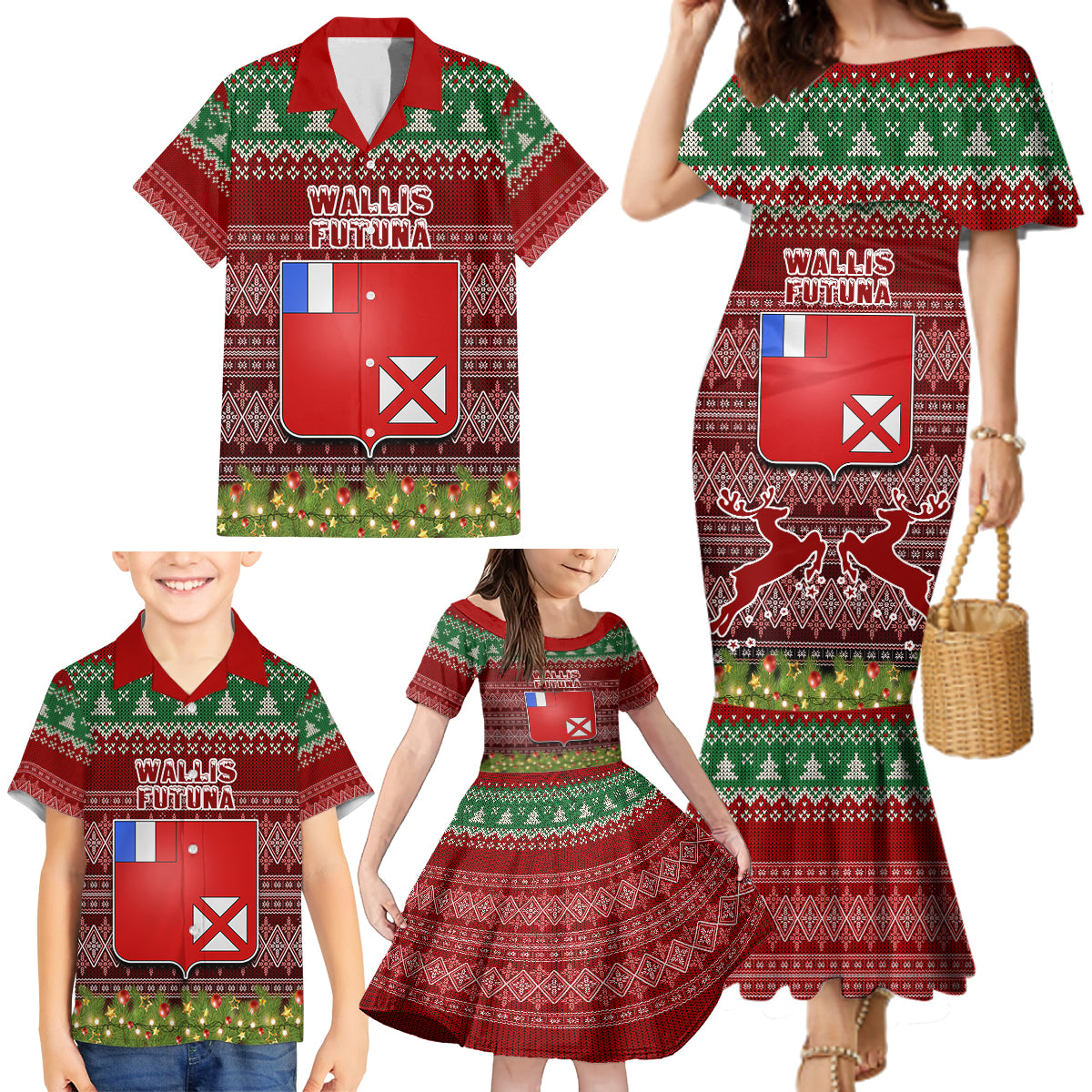 Personalised Wallis and Futuna Christmas Family Matching Mermaid Dress and Hawaiian Shirt Coat of Arms and Map Beautiful Merry Xmas Snowflake LT03 - Polynesian Pride