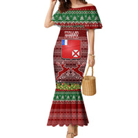Personalised Wallis and Futuna Christmas Family Matching Mermaid Dress and Hawaiian Shirt Coat of Arms and Map Beautiful Merry Xmas Snowflake LT03 Mom's Dress Red - Polynesian Pride