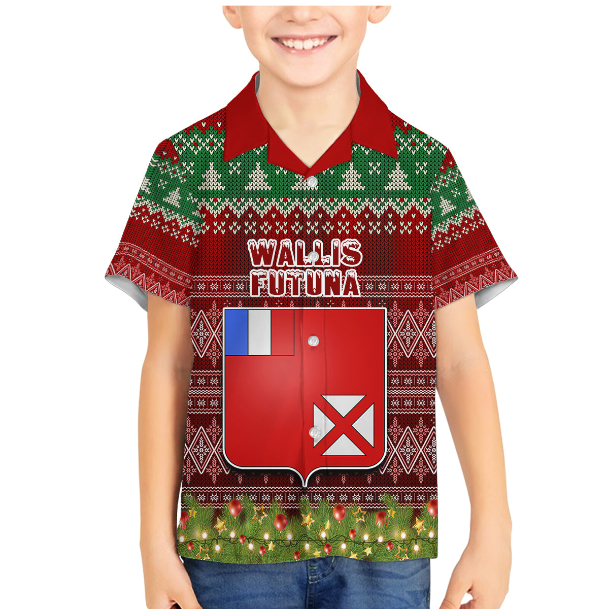 Personalised Wallis and Futuna Christmas Family Matching Mermaid Dress and Hawaiian Shirt Coat of Arms and Map Beautiful Merry Xmas Snowflake LT03 Son's Shirt Red - Polynesian Pride