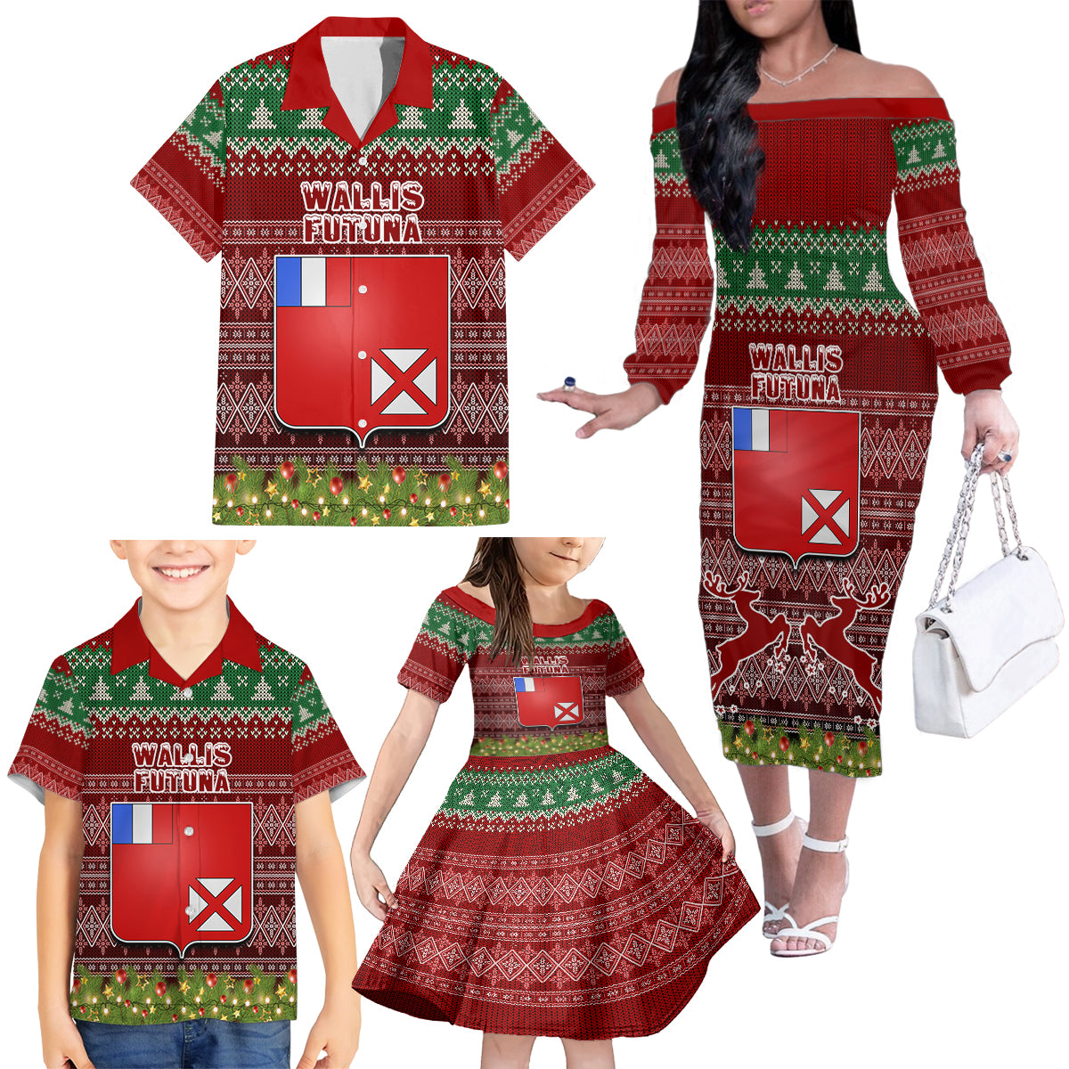Personalised Wallis and Futuna Christmas Family Matching Off Shoulder Long Sleeve Dress and Hawaiian Shirt Coat of Arms and Map Beautiful Merry Xmas Snowflake LT03 - Polynesian Pride