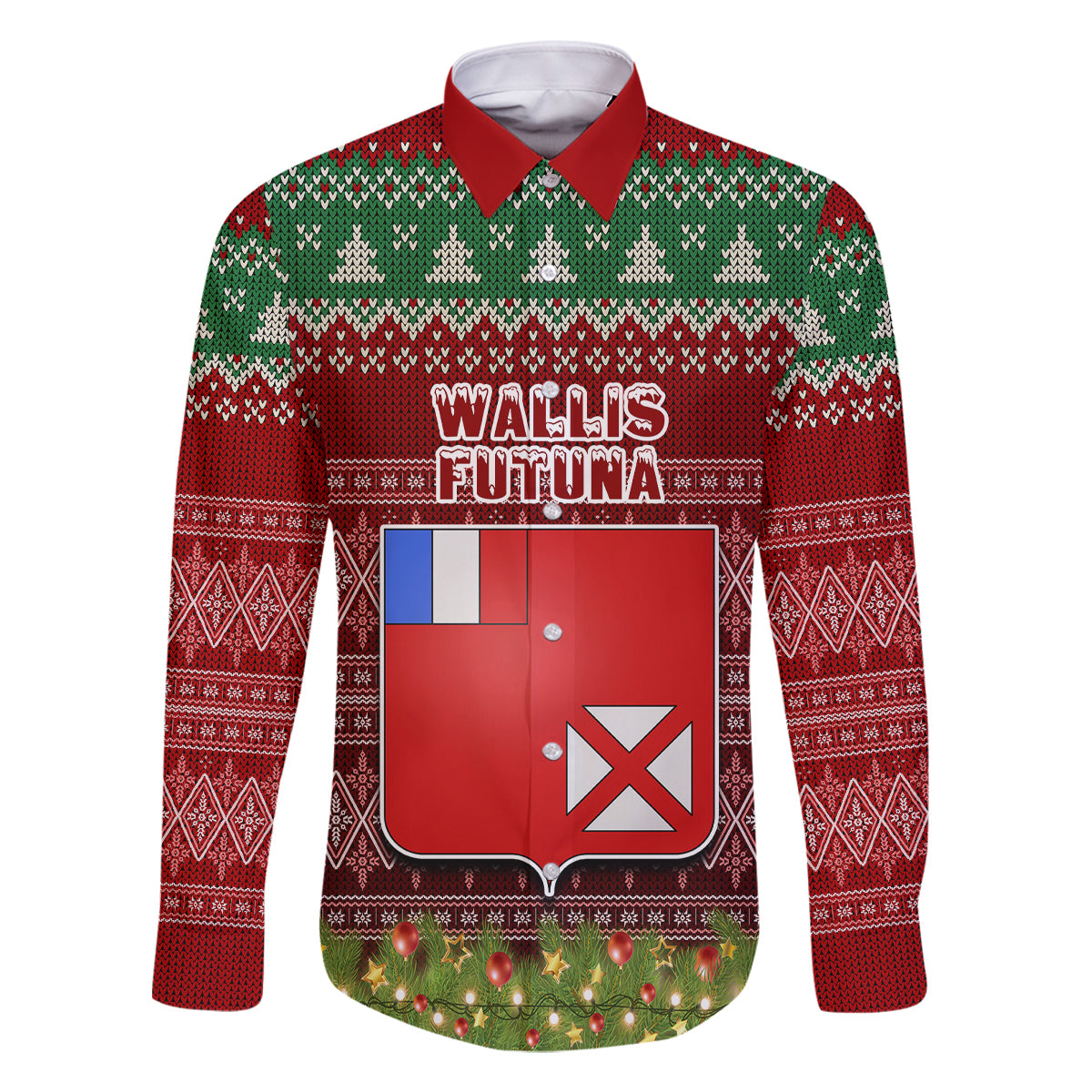 Personalised Wallis and Futuna Christmas Family Matching Off Shoulder Maxi Dress and Hawaiian Shirt Coat of Arms and Map Beautiful Merry Xmas Snowflake LT03 Dad's Shirt - Short Sleeve Red - Polynesian Pride