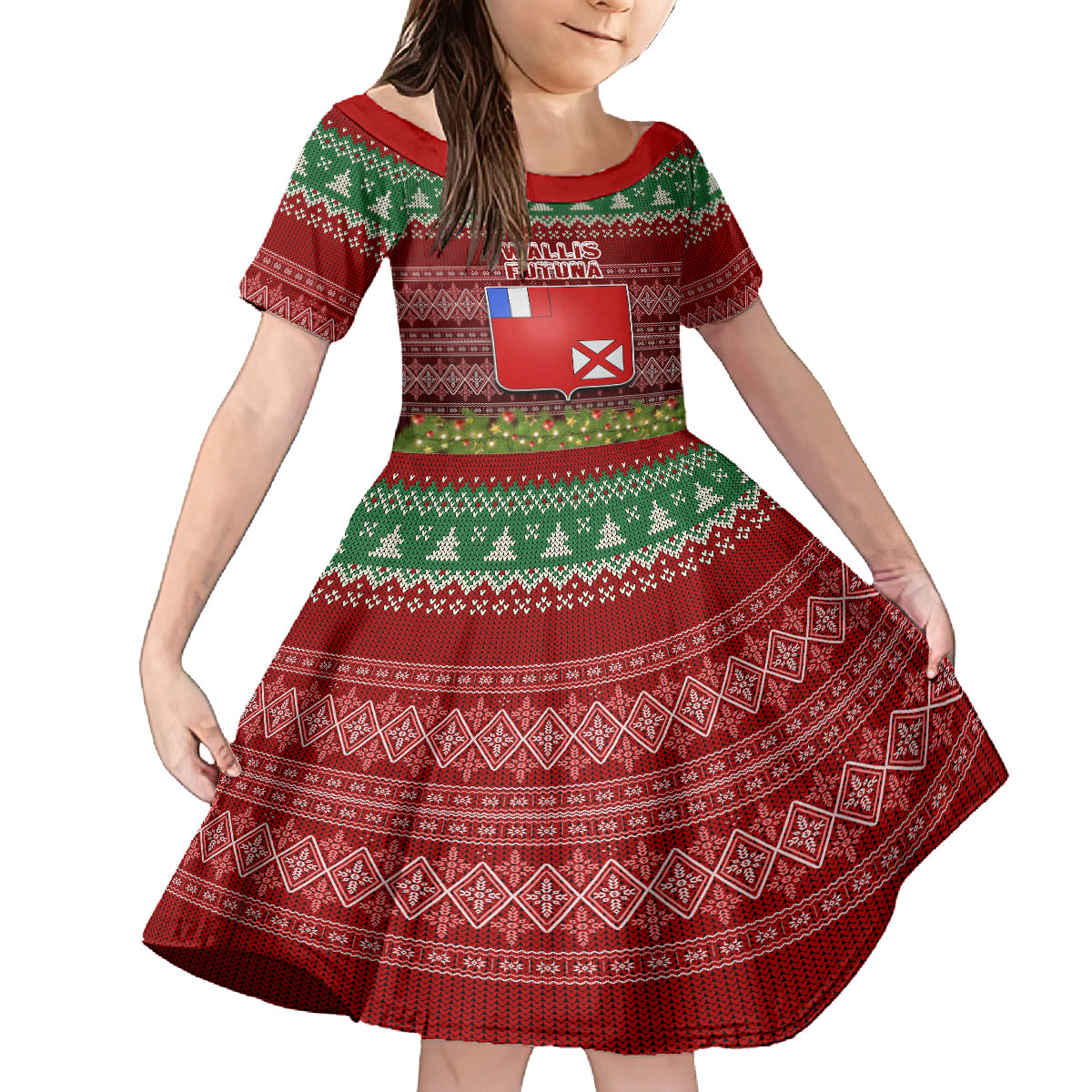Personalised Wallis and Futuna Christmas Family Matching Off Shoulder Short Dress and Hawaiian Shirt Coat of Arms and Map Beautiful Merry Xmas Snowflake LT03 Daughter's Dress Red - Polynesian Pride