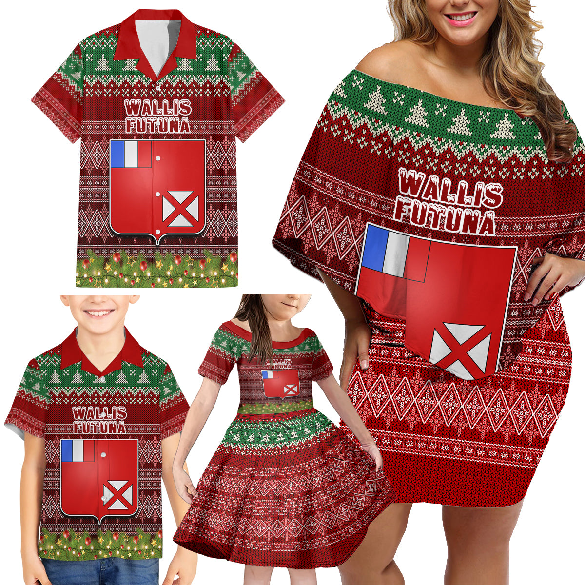 Personalised Wallis and Futuna Christmas Family Matching Off Shoulder Short Dress and Hawaiian Shirt Coat of Arms and Map Beautiful Merry Xmas Snowflake LT03 - Polynesian Pride
