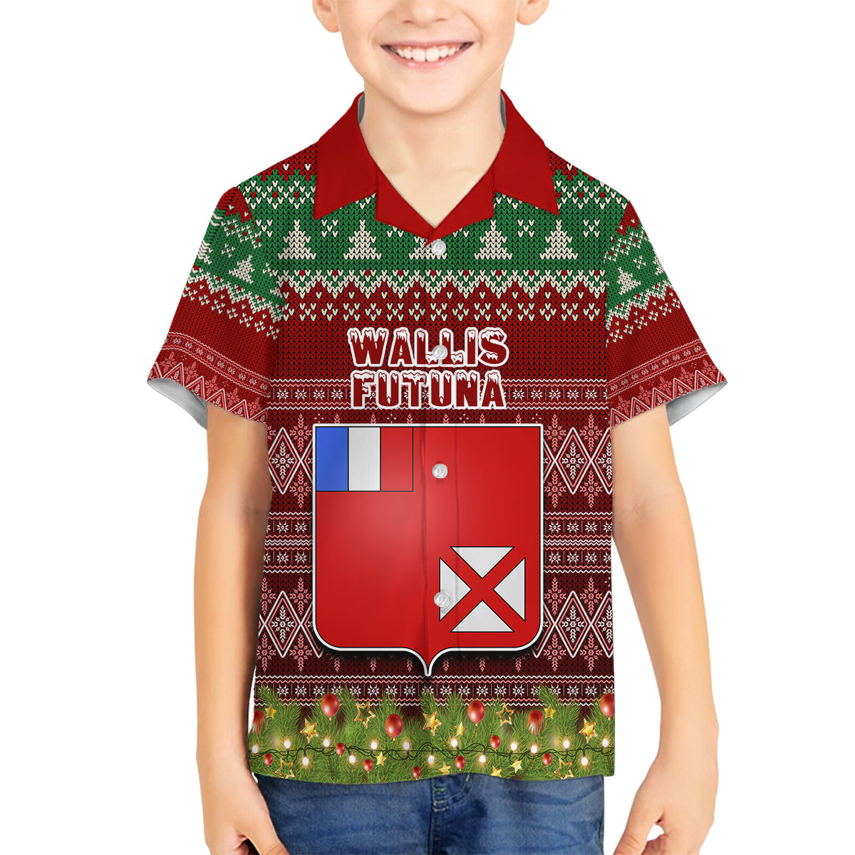 Personalised Wallis and Futuna Christmas Family Matching Summer Maxi Dress and Hawaiian Shirt Coat of Arms and Map Beautiful Merry Xmas Snowflake LT03 Son's Shirt Red - Polynesian Pride