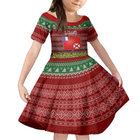 Personalised Wallis and Futuna Christmas Kid Short Sleeve Dress Coat of Arms and Map Beautiful Merry Xmas Snowflake LT03 KID Red - Polynesian Pride