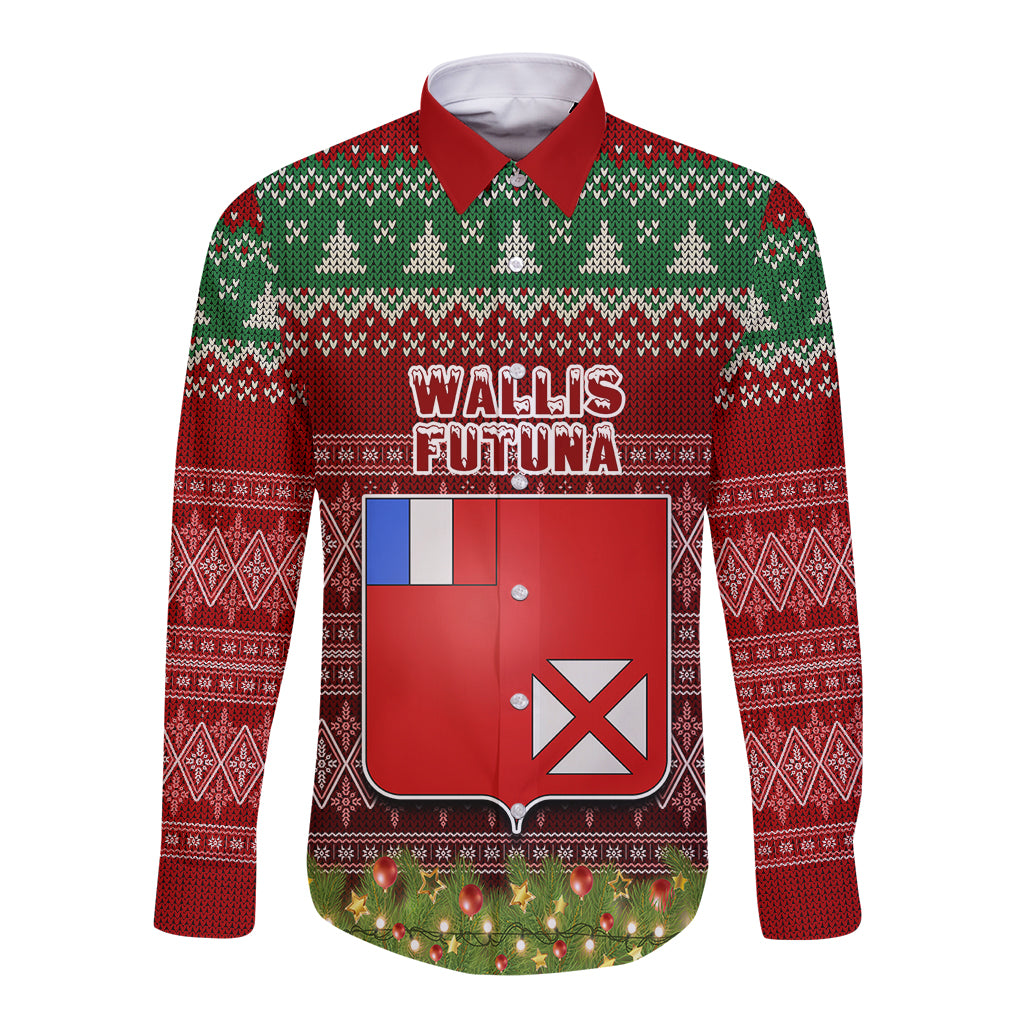 Personalised Wallis and Futuna Christmas Long Sleeve Button Shirt Coat of Arms and Map Beautiful Merry Xmas Snowflake LT03 Unisex Red - Polynesian Pride