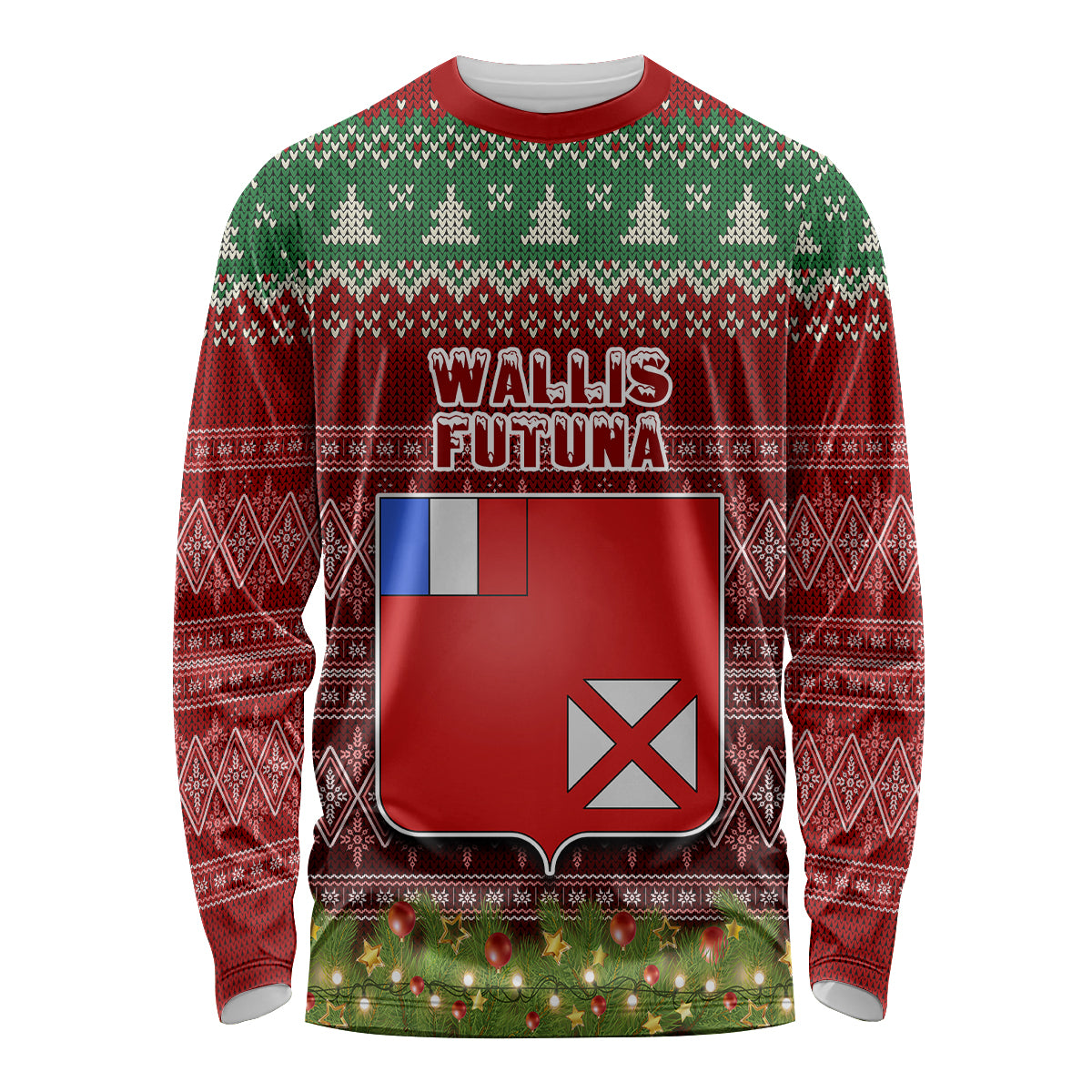 Personalised Wallis and Futuna Christmas Long Sleeve Shirt Coat of Arms and Map Beautiful Merry Xmas Snowflake LT03 Unisex Red - Polynesian Pride
