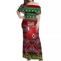 Personalised Wallis and Futuna Christmas Off Shoulder Maxi Dress Coat of Arms and Map Beautiful Merry Xmas Snowflake LT03 Women Red - Polynesian Pride