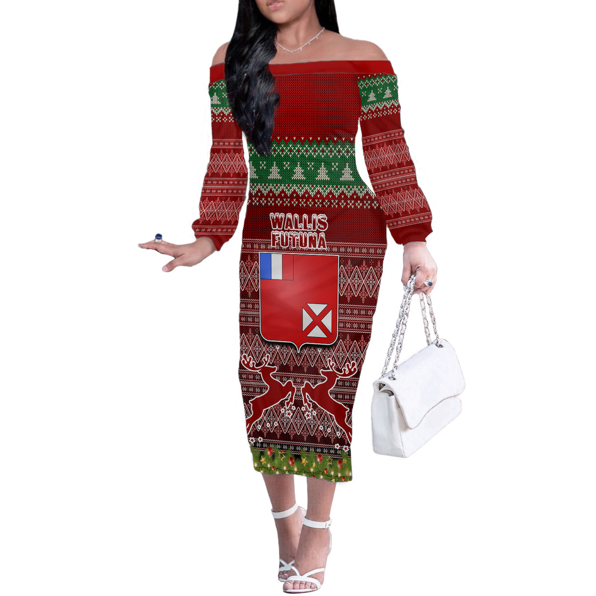 Personalised Wallis and Futuna Christmas Off The Shoulder Long Sleeve Dress Coat of Arms and Map Beautiful Merry Xmas Snowflake LT03 Women Red - Polynesian Pride