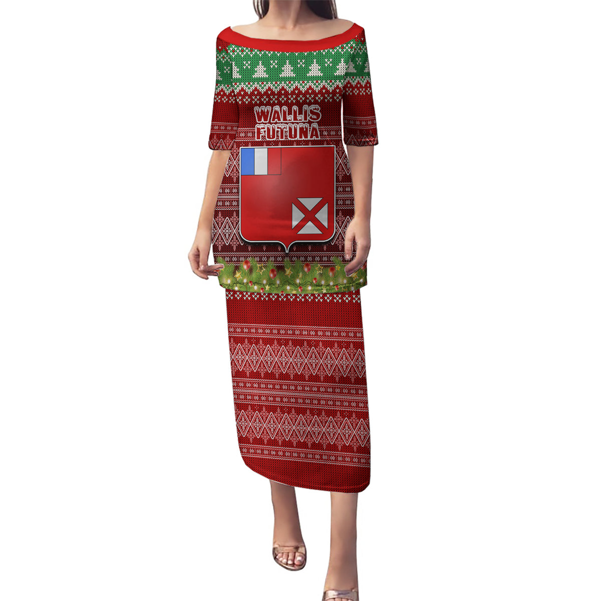 Personalised Wallis and Futuna Christmas Puletasi Coat of Arms and Map Beautiful Merry Xmas Snowflake LT03 Long Dress Red - Polynesian Pride