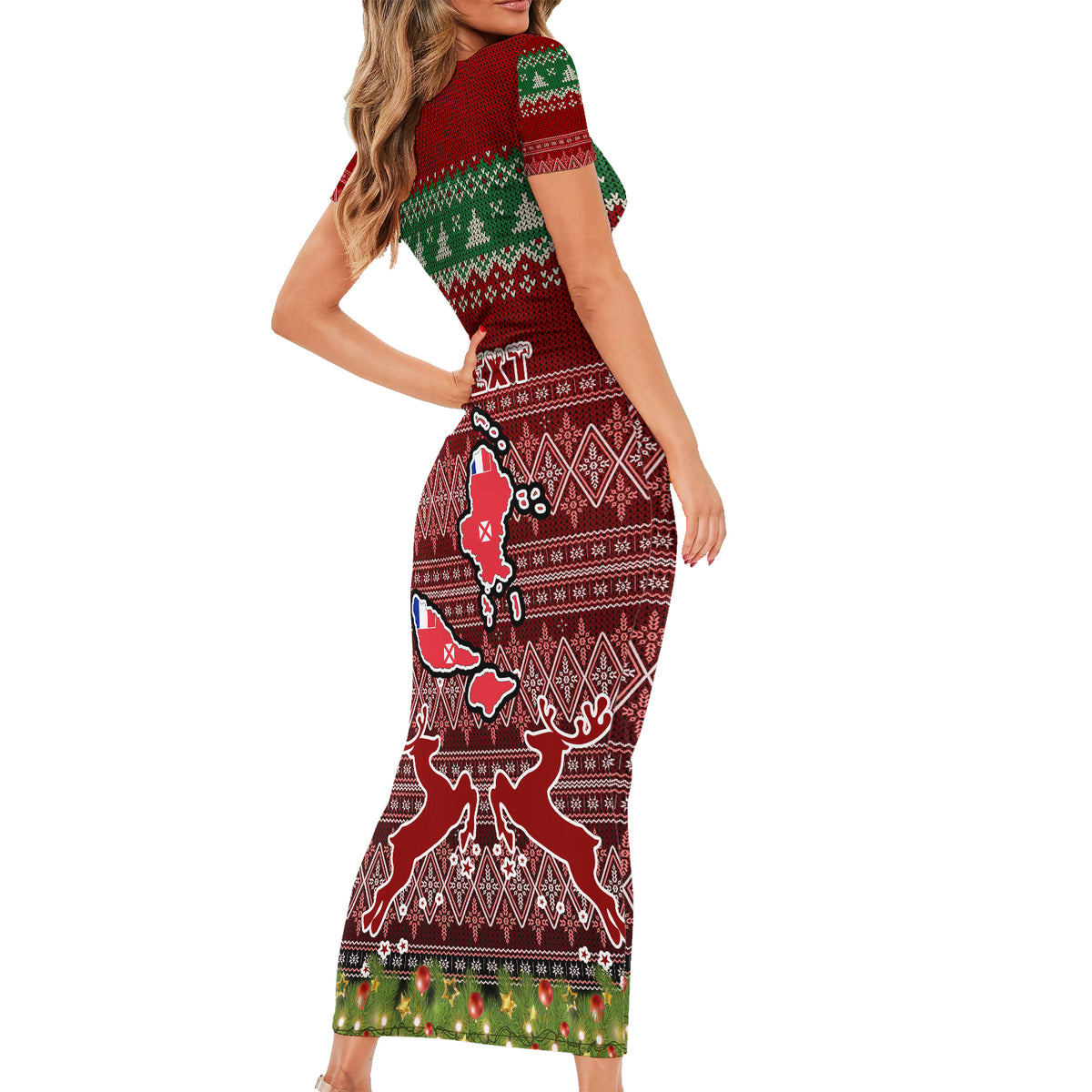 Personalised Wallis and Futuna Christmas Short Sleeve Bodycon Dress Coat of Arms and Map Beautiful Merry Xmas Snowflake LT03 - Polynesian Pride