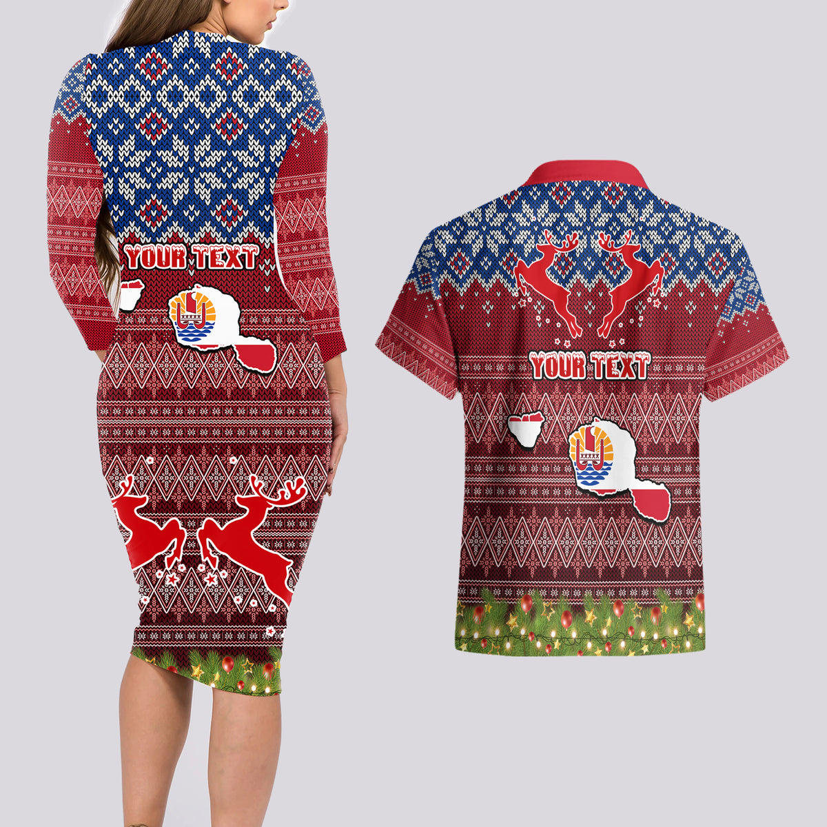 Personalised French Polynesia Christmas Couples Matching Long Sleeve Bodycon Dress and Hawaiian Shirt Coat of Arms and Map Beautiful Merry Xmas Snowflake LT03 - Polynesian Pride