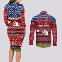 Personalised French Polynesia Christmas Couples Matching Long Sleeve Bodycon Dress and Long Sleeve Button Shirts Coat of Arms and Map Beautiful Merry Xmas Snowflake LT03 - Polynesian Pride