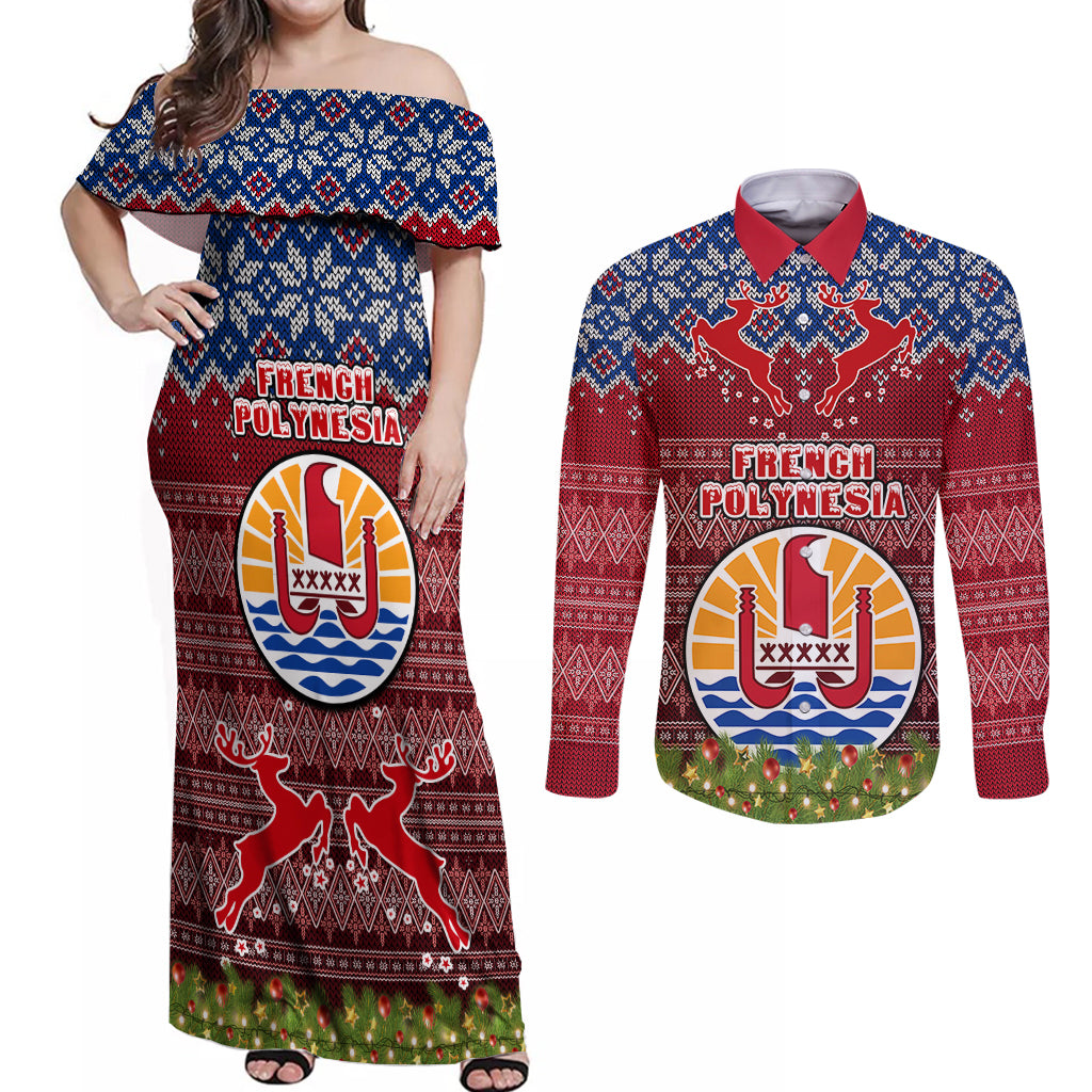 Personalised French Polynesia Christmas Couples Matching Off Shoulder Maxi Dress and Long Sleeve Button Shirts Coat of Arms and Map Beautiful Merry Xmas Snowflake LT03 Red - Polynesian Pride