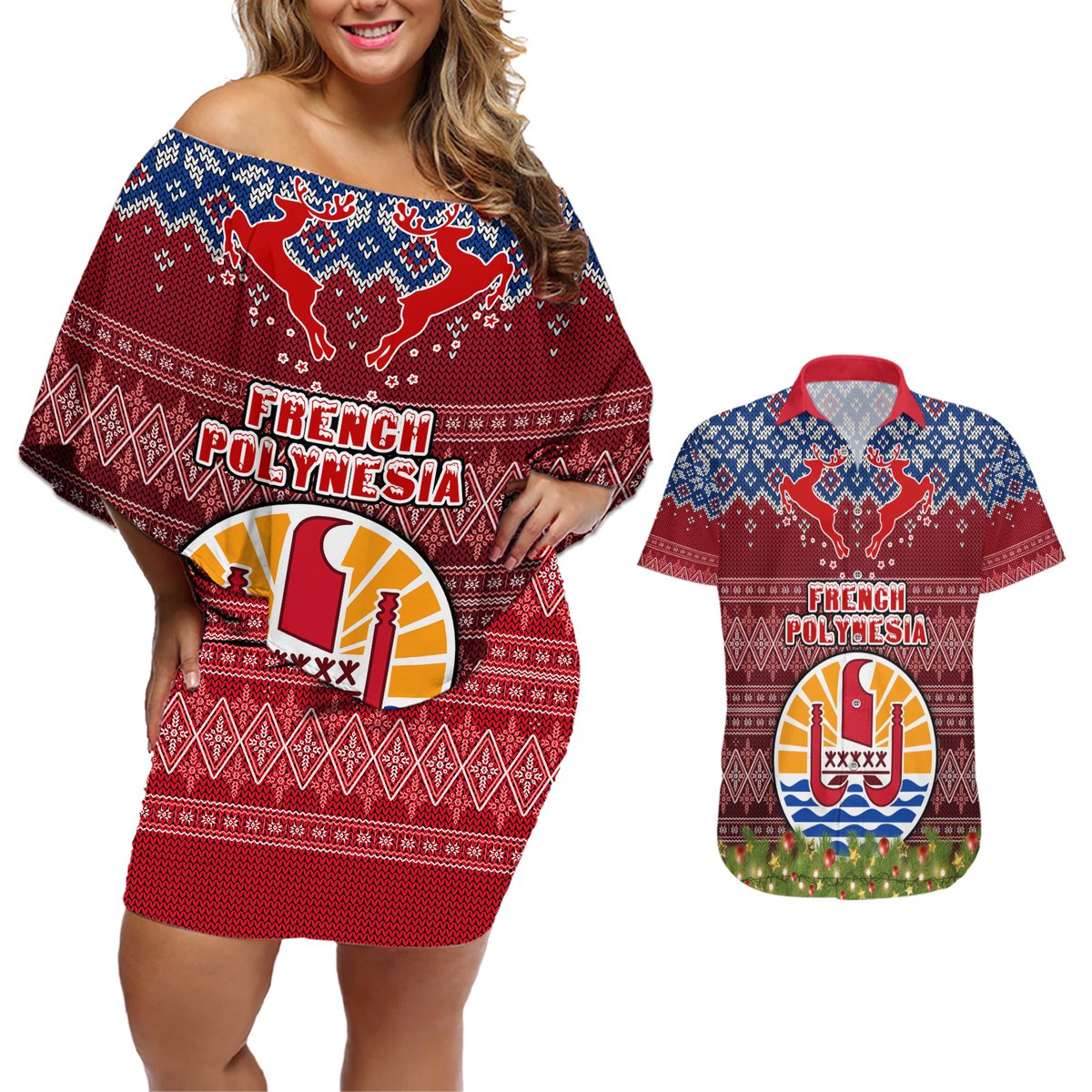 Personalised French Polynesia Christmas Couples Matching Off Shoulder Short Dress and Hawaiian Shirt Coat of Arms and Map Beautiful Merry Xmas Snowflake LT03 Red - Polynesian Pride