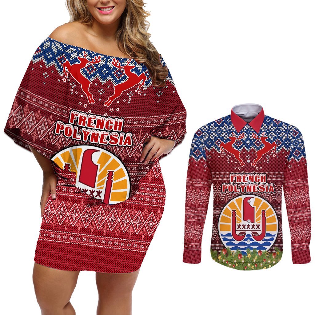 Personalised French Polynesia Christmas Couples Matching Off Shoulder Short Dress and Long Sleeve Button Shirts Coat of Arms and Map Beautiful Merry Xmas Snowflake LT03 Red - Polynesian Pride